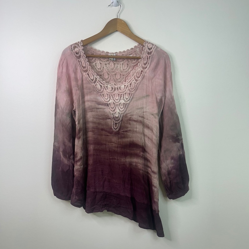 XCVI Pink Ombre Lace Trim Tunic Top Long Sleeve Boho Peasant Rayon Blouse M
